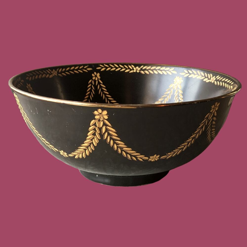 Vintage 1960s Black & Gold Greek Revival Glass Bowl from Andrea by Sedak
